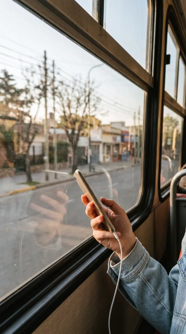 Una persona en el colectivo con el celular en la mano, escuchando