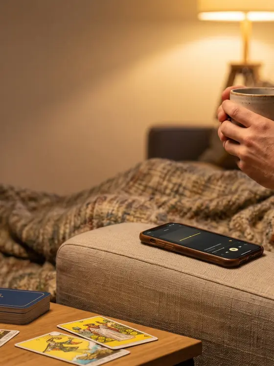 Un hombre con una taza de té en el sillón, con auriculares, el celular al lado y cartas sobre la mesa